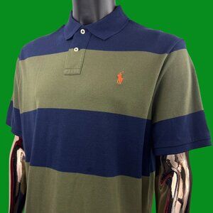 Vintage Polo Ralph Lauren Classic Fit Striped Mesh Polo Shirt Navy Blue & Olive